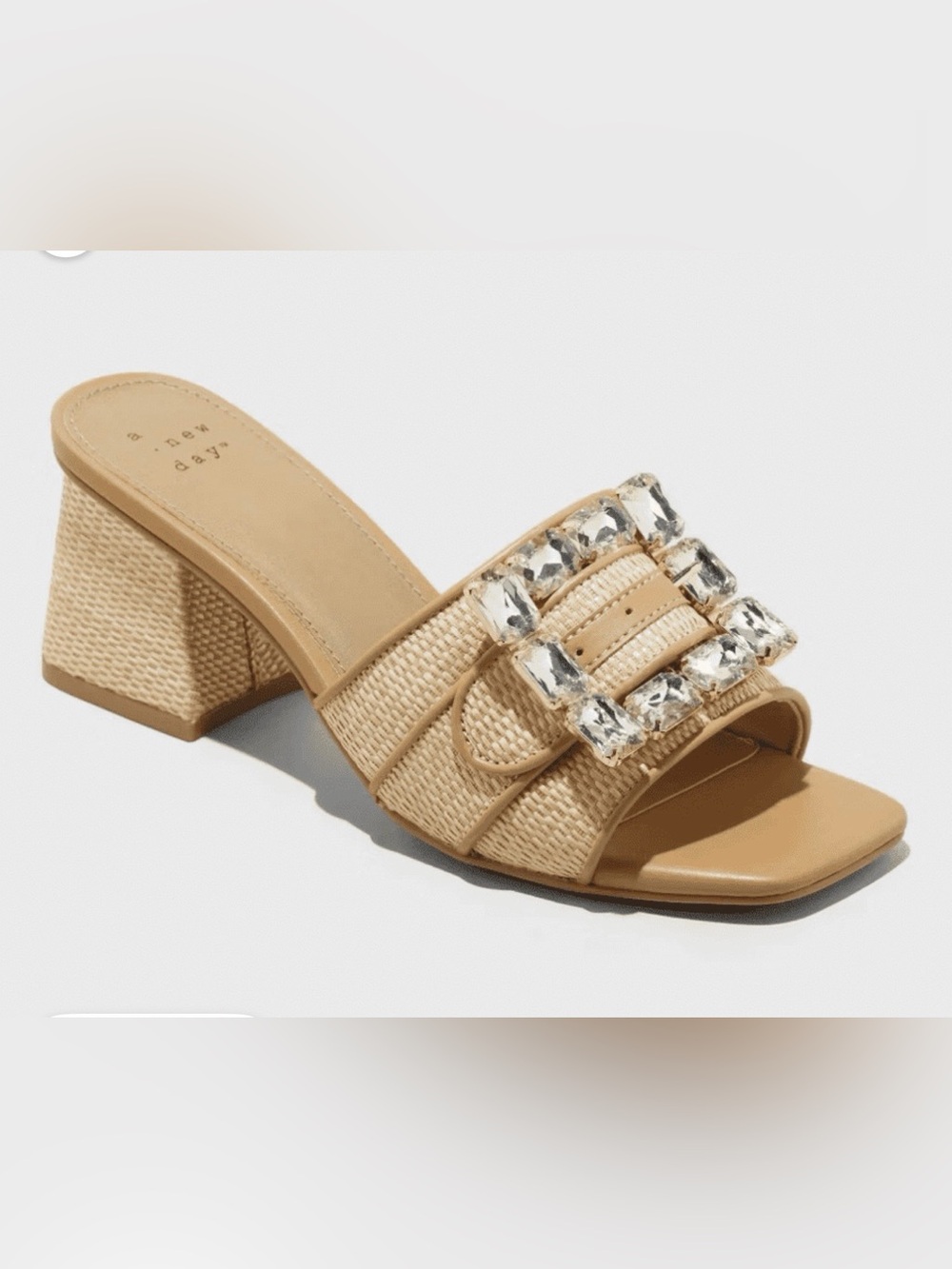 A New Day Rhinestone Buckle Block Heel 6.5 Slide Sandals Beige Women’s